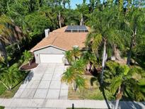 Charming home with lush tropical landscaping, solar panels, and a spacious driveway at 375 Holly Hill Rd, Oldsmar, FL 34677