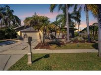 Charming single-story home featuring a well-manicured lawn and lush tropical landscaping at 375 Holly Hill Rd, Oldsmar, FL 34677