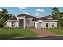 Charming single-story home with a brick driveway, attached garage, manicured lawn, and neutral stucco siding at 12865 Wellen Golf St, Venice, FL 34293