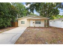 Charming single-story home with a well-maintained front yard, a concrete driveway, and beautiful trees in the background at 1710 Michigan Ne Ave, St Petersburg, FL 33703