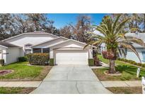 Charming single-story home with a well-manicured lawn, a driveway, and a beautiful palm tree at 13439 Norman Cir, Hudson, FL 34669