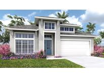 Beautiful one-story home with a blue front door, a white garage door, and tropical landscaping at 3813 109Th Street East, Palmetto, FL 34221