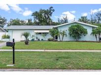 Charming single story home featuring lush green lawn and mature tropical landscaping at 1612 Suffolk Dr, Clearwater, FL 33756