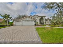 Charming home showcasing a 3-car garage, paved driveway, manicured lawn, and lush landscaping at 6467 Rubia Cir, Apollo Beach, FL 33572