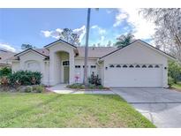 Charming single-story home featuring a well-maintained lawn, two-car garage, and tasteful landscaping at 6427 Weatherwood Cir, Wesley Chapel, FL 33545