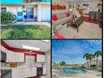 Property collage featuring the front exterior, living room, kitchen, and community pool at 858 Cambridge Ct # 858, Dunedin, FL 34698