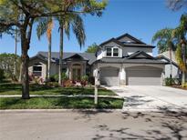 Charming two-story home featuring a well-manicured lawn, mature trees, and a two-car garage at 10218 Garden Alcove Dr, Tampa, FL 33647