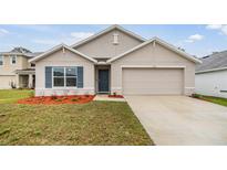 Charming single-Gathering home featuring a two-car garage, blue shutters, and a well-maintained front yard at 11508 Timber Grove Ln, Brooksville, FL 34613