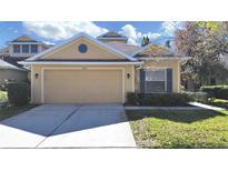Charming home featuring a two-car garage and a well-maintained front yard with lush landscaping at 8906 Iron Oak Ave, Tampa, FL 33647
