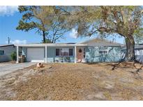 Charming single-story home with a light blue exterior, covered porch, and a well-maintained front yard with a pink front door at 4111 Moog Rd, Holiday, FL 34691