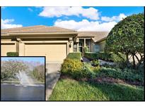 Charming single-story home boasts a well-maintained lawn, colorful foliage, and a lovely fountain view in the distance at 4813 Michelle Ln, Palm Harbor, FL 34684
