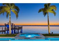 Beautiful blue-water pool with a spa and dock, set against a stunning sunset over the water at 5128 W Longfellow Ave, Tampa, FL 33629