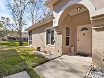 Charming home featuring an arched entrance and well-maintained landscaping near a picturesque pond at 3876 Timber Ridge Ct, Palm Harbor, FL 34685
