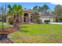 Charming home featuring a manicured lawn, palm trees and a three car garage at 27930 Ravens Brook Rd, Wesley Chapel, FL 33544
