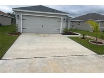Charming single-Gathering home featuring a gray facade, two-car garage, and well-manicured lawn at 35478 Bellington Blvd, Zephyrhills, FL 33541
