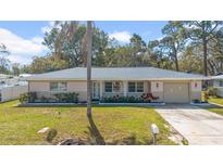 Charming single-story home featuring a well-manicured lawn, attached garage and beautiful landscaping at 927 Lake Dr, Dunedin, FL 34698