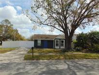 Charming single-story home features a dark facade, a blue front door, and a well-manicured lawn at 16147 Sagebrush Rd, Tampa, FL 33618