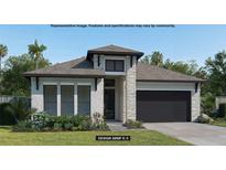 Inviting one-story home featuring a stone facade, black garage door, and beautifully manicured lawn at 322 Holly Bank Ave, Nokomis, FL 34275