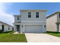 Two-story home with a gray exterior, two-car garage, landscaped front yard, and sidewalk to the front door at 34110 Jasper Stone Dr, Wesley Chapel, FL 33543