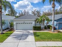 Charming single-story home with a well-maintained lawn, lush landscaping, and an attached two-car garage at 8141 Ambersweet Pl, Land O Lakes, FL 34637