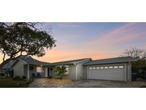 Charming home with a well-manicured yard, mature tree and attached two car garage at sunset at 8448 Flagstone Dr, Tampa, FL 33615