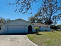 A single-story home showcasing a two-car garage and a well-maintained front yard at 2343 Wilshire Dr, Dunedin, FL 34698