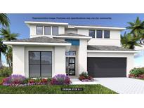 Modern two-story home with a neutral color palette, attached garage, and beautiful tropical landscaping at 430 Sun Chaser Dr, Nokomis, FL 34275