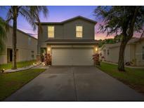 Charming two-story home featuring a well-maintained lawn, a two-car garage, and beautiful sunset sky at 7842 Carriage Pointe Dr, Gibsonton, FL 33534