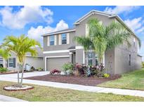 Charming two-story home with a well-manicured front yard and a two-car garage under a cloudy blue sky at 1785 Broad Winged Hawk Dr, Ruskin, FL 33570