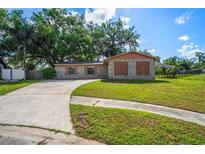 Charming single-story home with stone accents, mature trees, and a curved driveway on a sunny day at 801 Chess Pl, Seffner, FL 33584