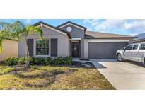 Charming single-story home featuring a well-manicured lawn, inviting entrance, and attached two-car garage at 15613 Charr Island St, Sun City Center, FL 33573