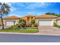 Charming single-story home with a well-manicured lawn, mature landscaping, and a three-car garage at 16232 Amethyst Key Dr, Wimauma, FL 33598