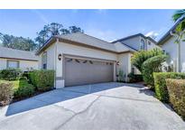 Beige two-car garage with triangular windows in door, surrounded by green bushes and a concrete driveway at 5224 Fairway One Dr, Valrico, FL 33596