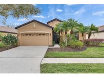 Charming single-Gathering home featuring a two-car garage, well-manicured lawn and lush tropical landscaping at 144 Silver Falls, Apollo Beach, FL 33572