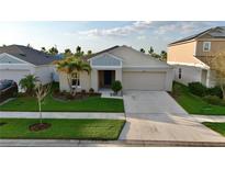 Charming single Gathering home features a well maintained lawn with lush landscaping and attached two car garage at 12820 Bent Twig Dr, Riverview, FL 33579