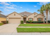 Charming single-story home featuring a two-car garage, well-manicured lawn, and beautiful landscaping at 11218 Coventry Grove Cir, Lithia, FL 33547