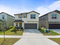 Two-story home featuring a two-car garage and neutral color palette at 17950 Beaming Rays Ln, Lutz, FL 33558