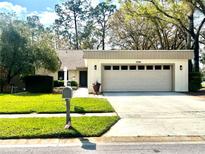 Charming single-story home featuring a two-car garage, well-maintained lawn, and inviting curb appeal at 3358 Tanglewood Trl, Palm Harbor, FL 34685