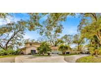 Spacious, two-story home featuring a circular driveway, three-car garage, and mature trees at 7201 Hodgewood Ct, Tampa, FL 33614