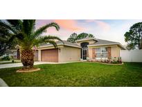 Charming single Gathering home with a well-manicured lawn, lush landscaping, and a beautiful palm tree in the front yard at 895 Sea Holly Dr, Brooksville, FL 34604