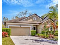 Charming single-story home with a two-car garage, stone accents, and lush landscaping under a bright blue sky at 1307 Garden Stone Ln, Brandon, FL 33510