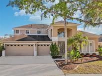 Stunning two-story home showcasing manicured landscaping and a three-car garage at 10211 Quails Landing Ave, Tampa, FL 33647