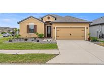 Charming single-Gathering home featuring a well-manicured lawn and a two-car garage at 313 Old Windsor Way, Spring Hill, FL 34609