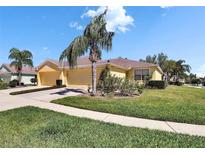 Charming single-story home with a two-car garage, well-maintained landscaping, and mature palm trees at 11539 Captiva Kay Dr, Riverview, FL 33569