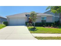 Charming single-story home featuring a two car garage, well-maintained lawn, and a beautifully landscaped front yard at 10115 Paradise Fish Dr, Riverview, FL 33578