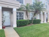A townhouse with a well-maintained lawn, trimmed shrubs, and two small palm trees at 310 Kensington Lake Cir, Brandon, FL 33511