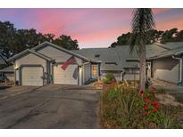 Charming exterior of a townhouse with an American flag and attached garage, complemented by vibrant landscaping and a palm tree at 39650 Us Highway 19 N # 1422, Tarpon Springs, FL 34689