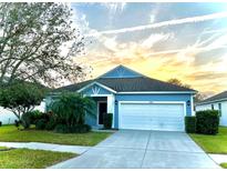 Charming blue home featuring well-manicured landscaping and a two-car garage at 11566 Balintore Dr, Riverview, FL 33579