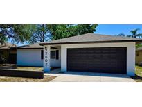 Charming single-story home featuring a dark garage door, a well-manicured lawn and a clearly visible house number at 2602 Surrey Dr, Palm Harbor, FL 34684