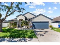 Charming single-Gathering home featuring a well-manicured lawn and a two-car garage at 381 Tavernier Cir, Oldsmar, FL 34677